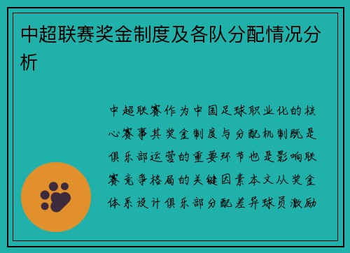 中超联赛奖金制度及各队分配情况分析