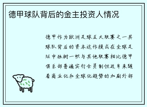 德甲球队背后的金主投资人情况